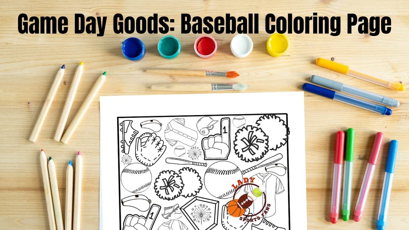 printable baseball coloring page from the Game Day Goods collection by LadySportsFans. Perfect for relaxing during commercial breaks, keeping the kids entertained, or simply adding your own flair to baseball season, this high-energy page is packed with classics